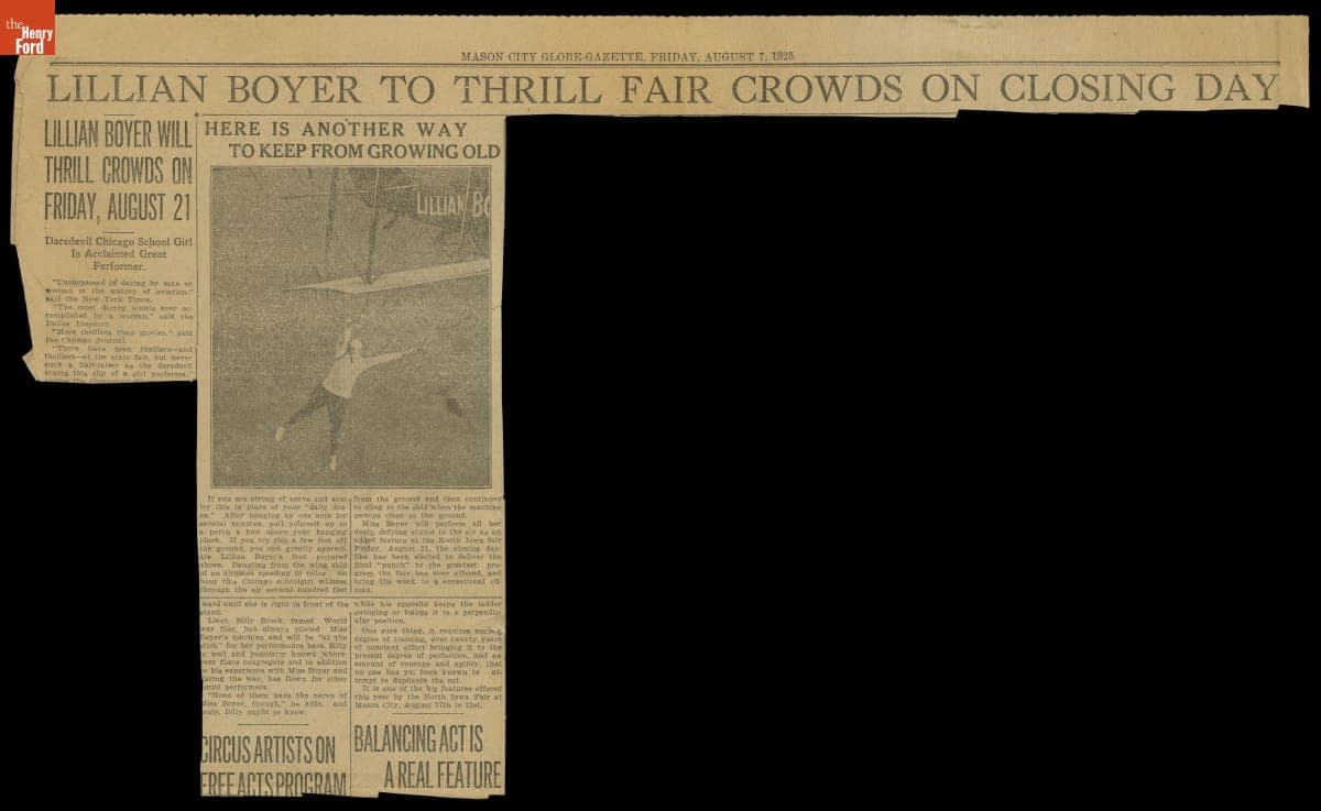 Newspaper Article, "Lillian Boyer to Thrill Fair Crowds on Closing Day," August 7, 1925