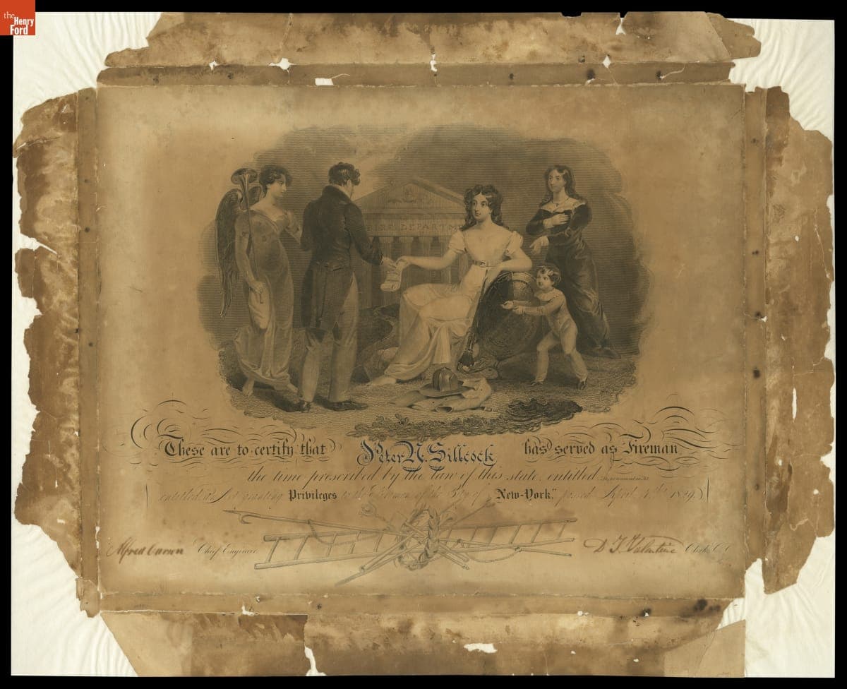 Engraving, "These Are to Certifiy that Peter A. Sillcock Has Served as a Fireman," April 1829