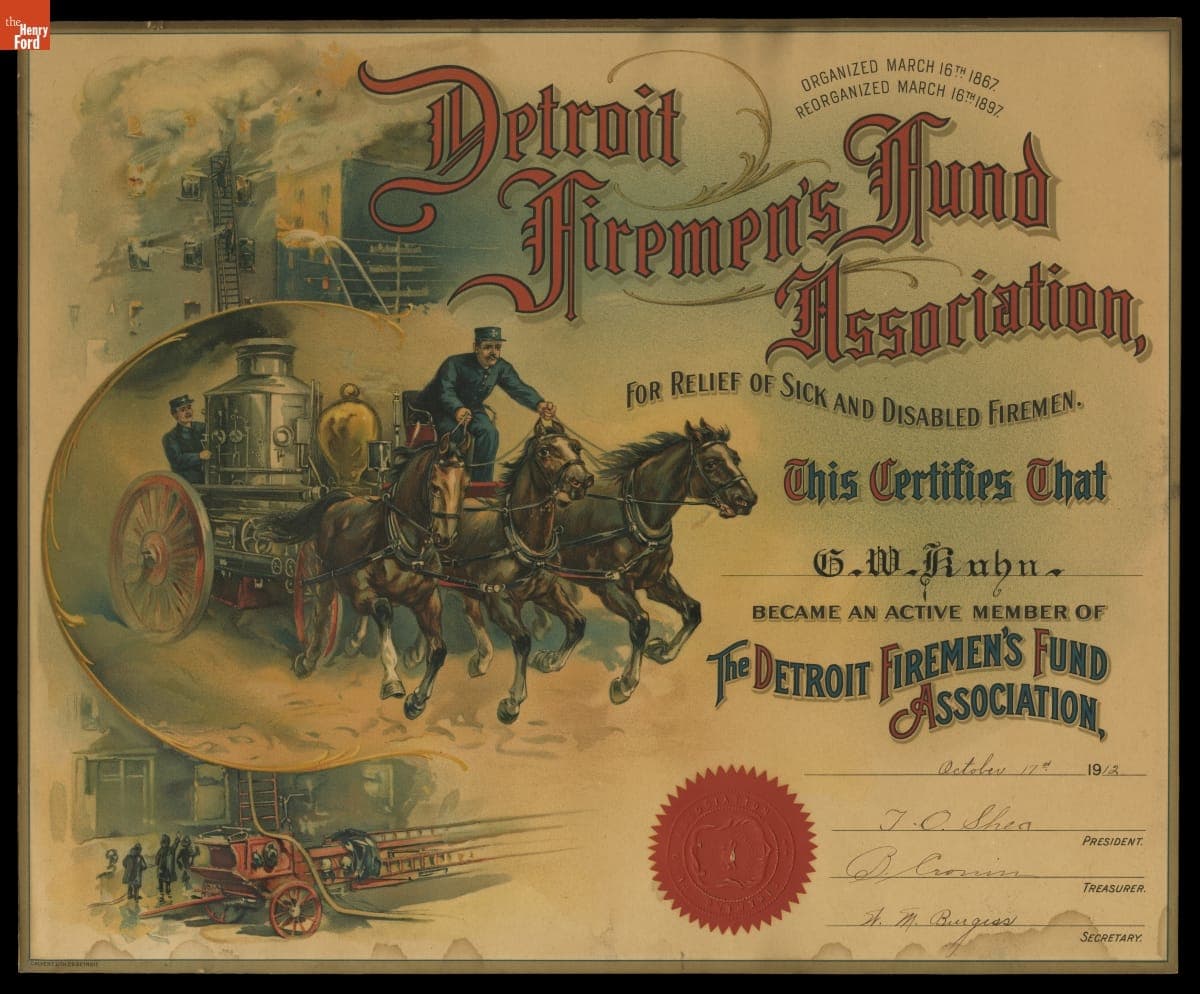 Lithograph, Detroit Firemen's Fund Association Membership Certificate Issued to G.W. Kahn, October 17, 1912