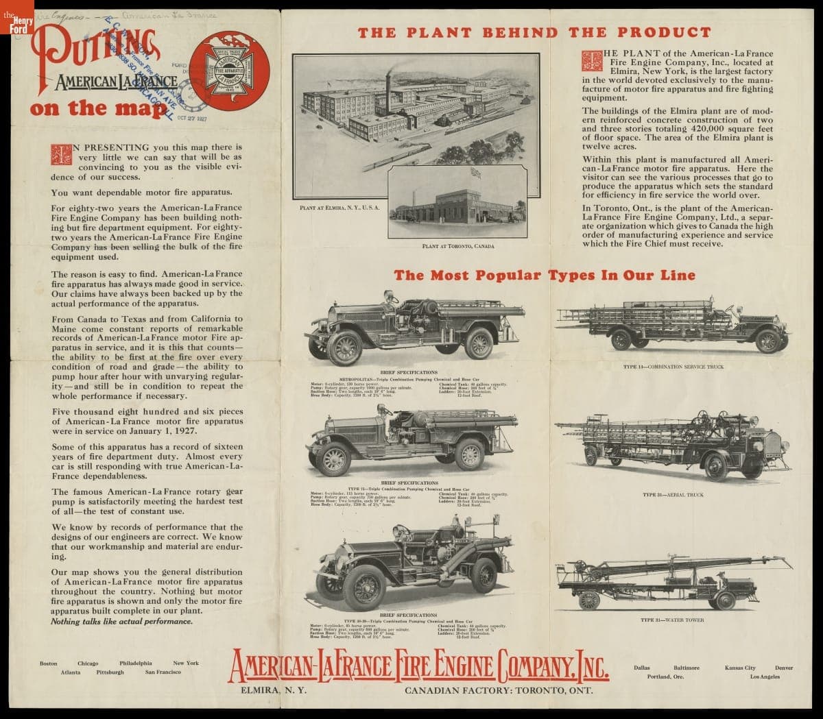 American-LaFrance Fire Engine Company Catalog, "Putting American-LaFrance on the Map," 1927