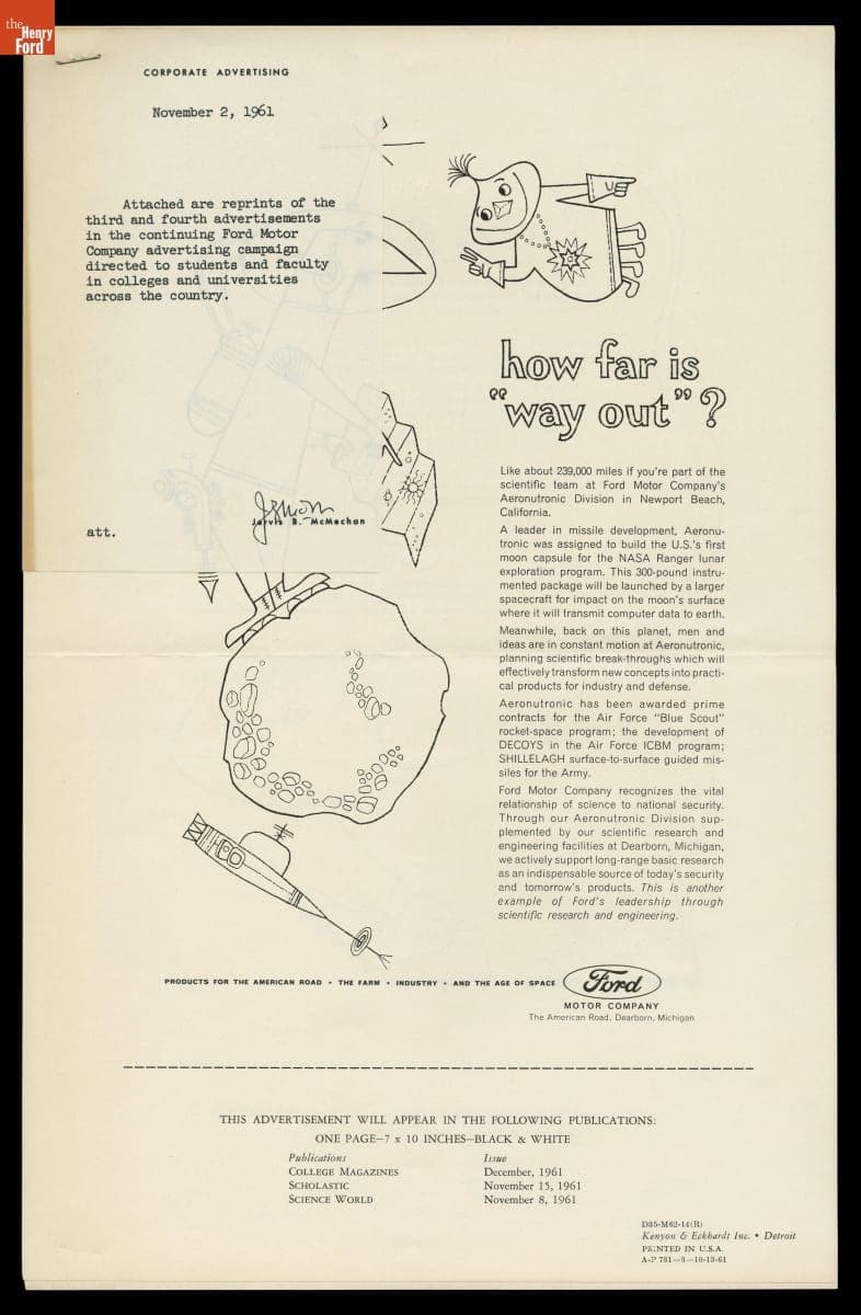 Ford Aeronutronic Division Advertising, "how far is way out?", and "how quiet is quiet?", November 1961