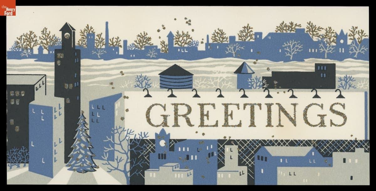 Christmas Card Showing an Industrial Buildings Scene, "Greetings," circa 1960