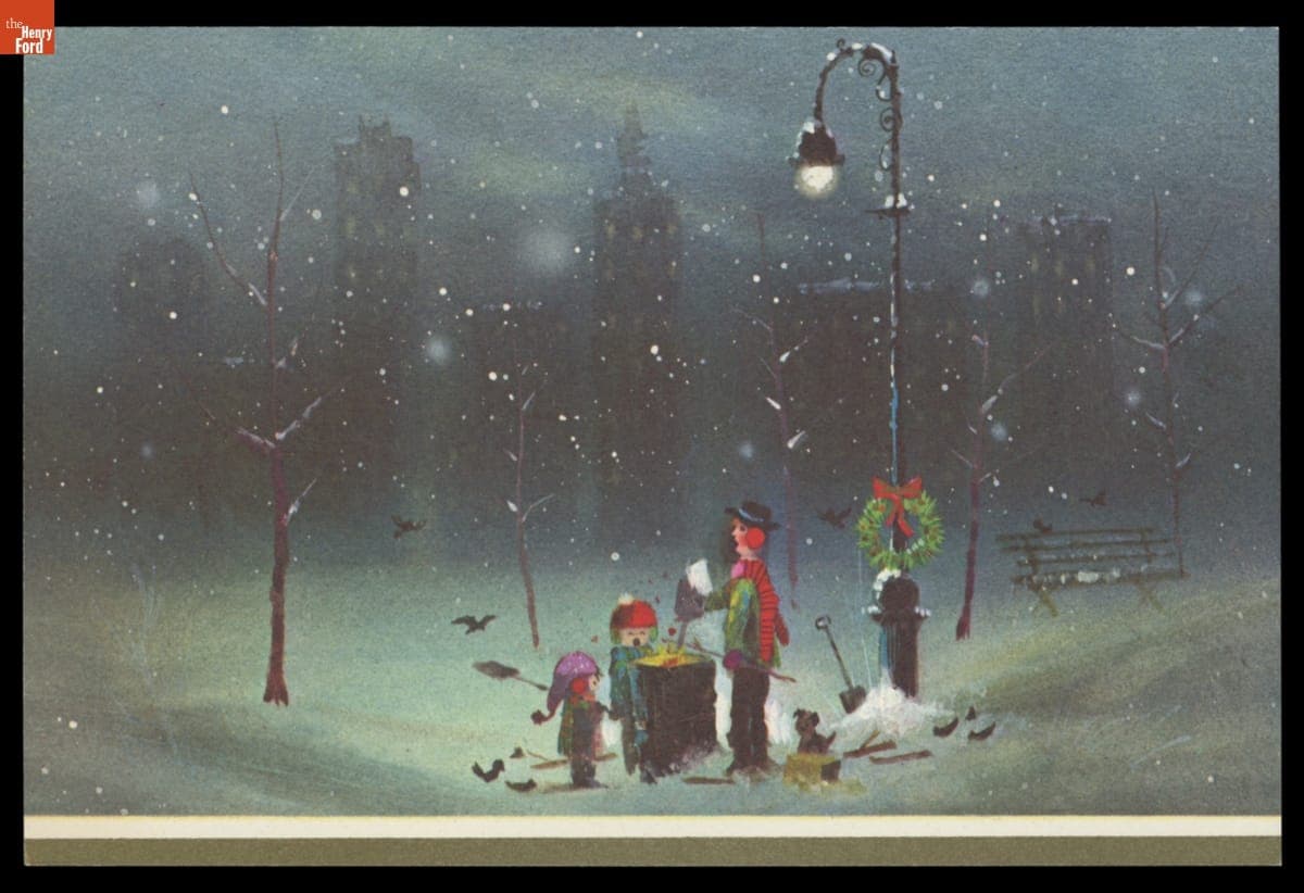 Christmas Card, Carolers under a Street Lamp, 1960-1970