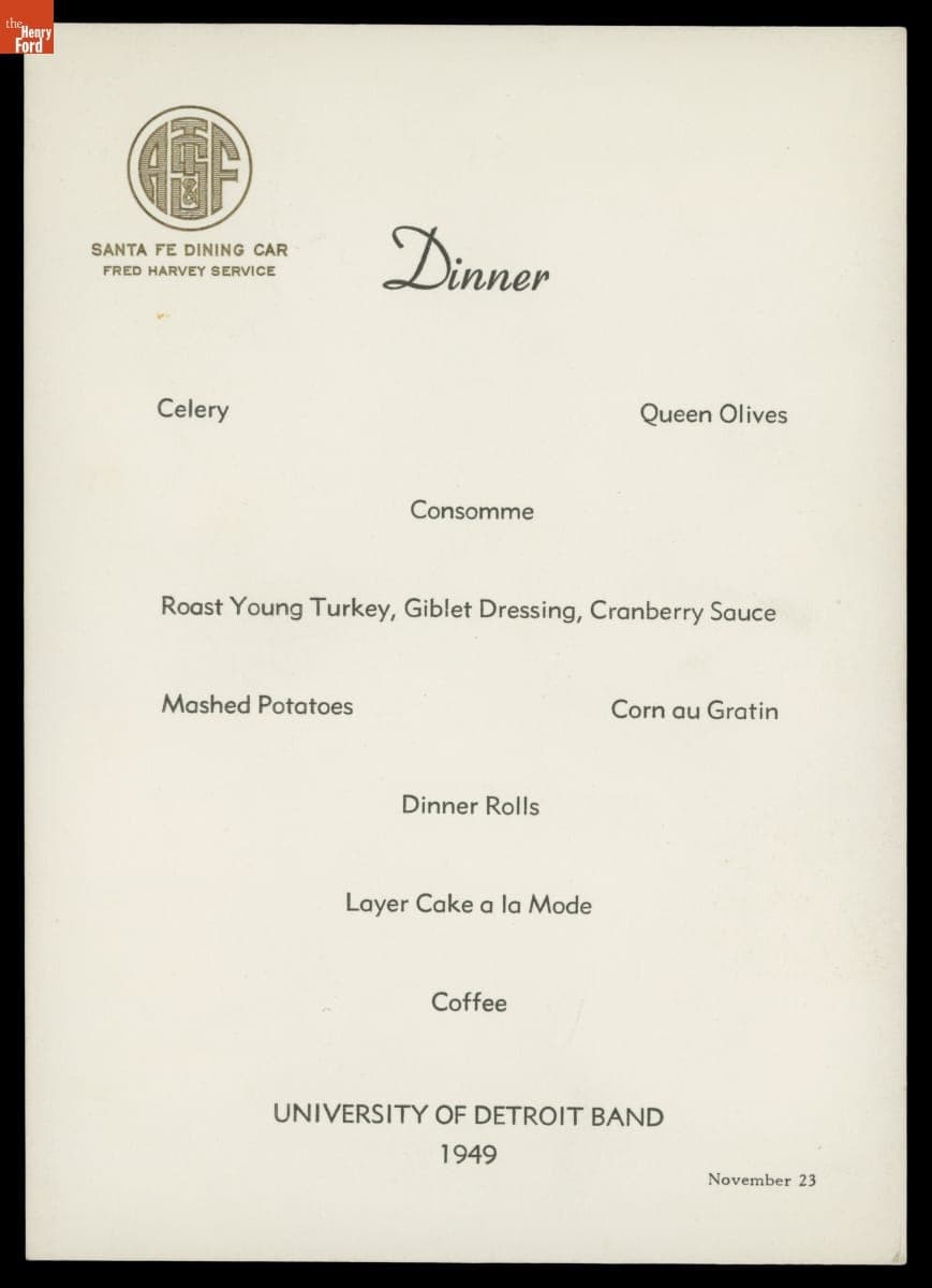 Fred Harvey Services Santa Fe Dining Car Menu Prepared for the University of Detroit Band, November 23, 1949