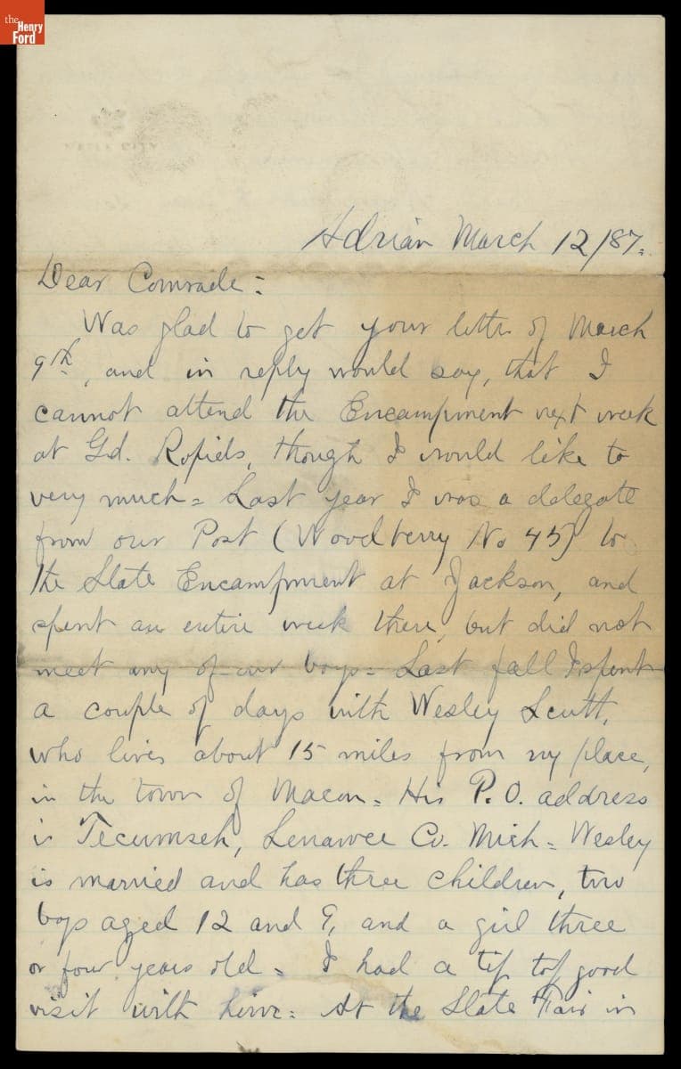 Letter from Charles M. Cone concerning Civil War Encampments, March 12, 1887