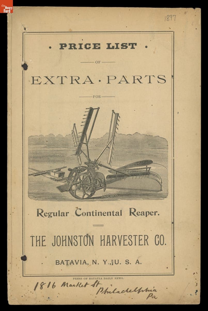 Trade Catalog, "Price List of Extra Parts for Regular Continental Reaper," 1897