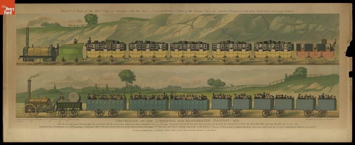 Lithograph, "Traveling on the Liverpool and Manchester Railway, 1831," 1894