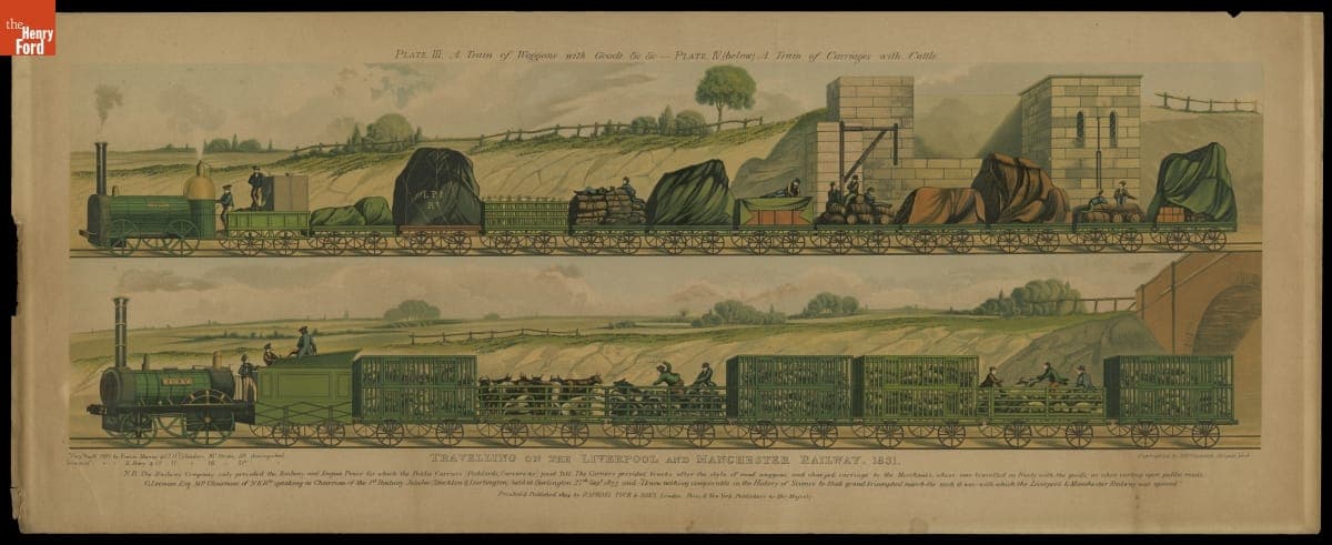 Lithograph, "Traveling on the Liverpool and Manchester Railway, 1831"