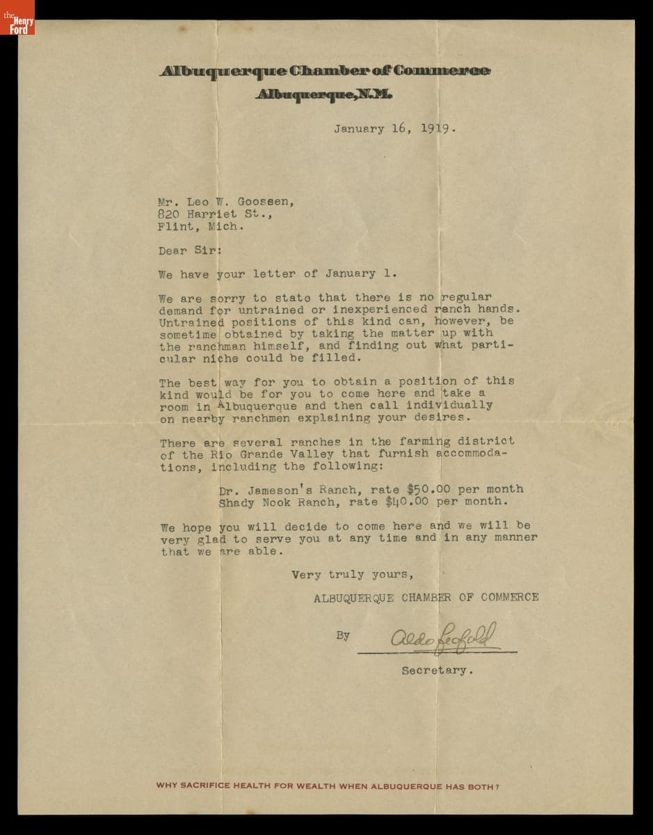 Letter from the Albuquerque Chamber of Commerce to Leo Goossen, January 16, 1919