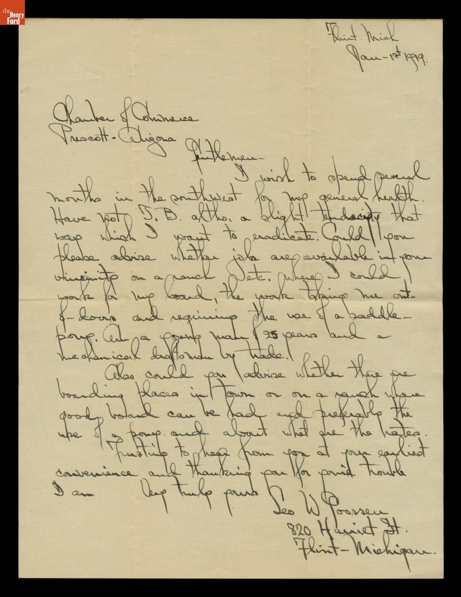 Letter from Leo Goossen to the Prescott, Arizona Chamber of Commerce, January 1, 1919