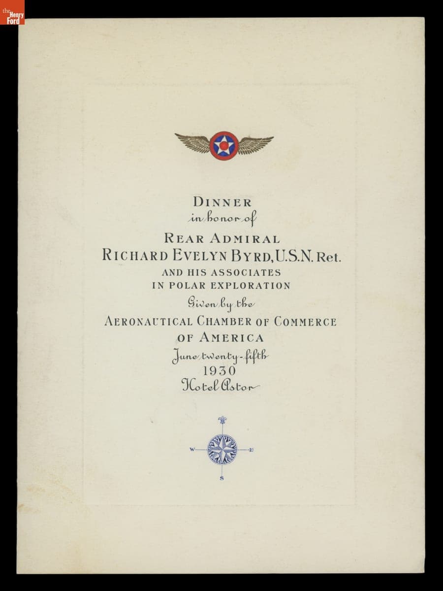 Program for Dinner in Honor of Rear Admiral Richard Evelyn Byrd and His Associates in Polar Exploration, June 25, 1930