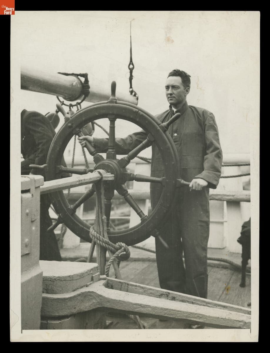Richard E. Byrd at the Wheel of the Icebreaker "Samson" in Brooklyn Drydock Prior to his First Antarctic Expedition, 1928