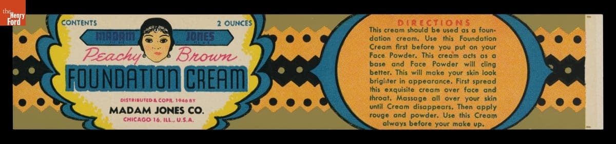 Product Label for Madam Jones Peachy Brown Foundation Cream, 1946