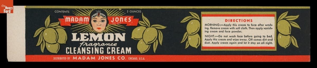 Product Label for Madam Jones Lemon Fragrance Cleansing Cream, 1926-1946