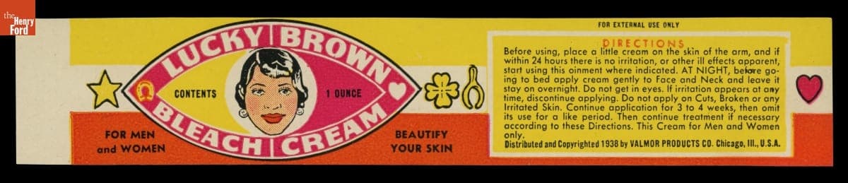 Product Label for Lucky Brown Bleach Cream, 1938