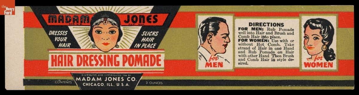 Product Label for Madam Jones Hair Dressing Pomade, 1944