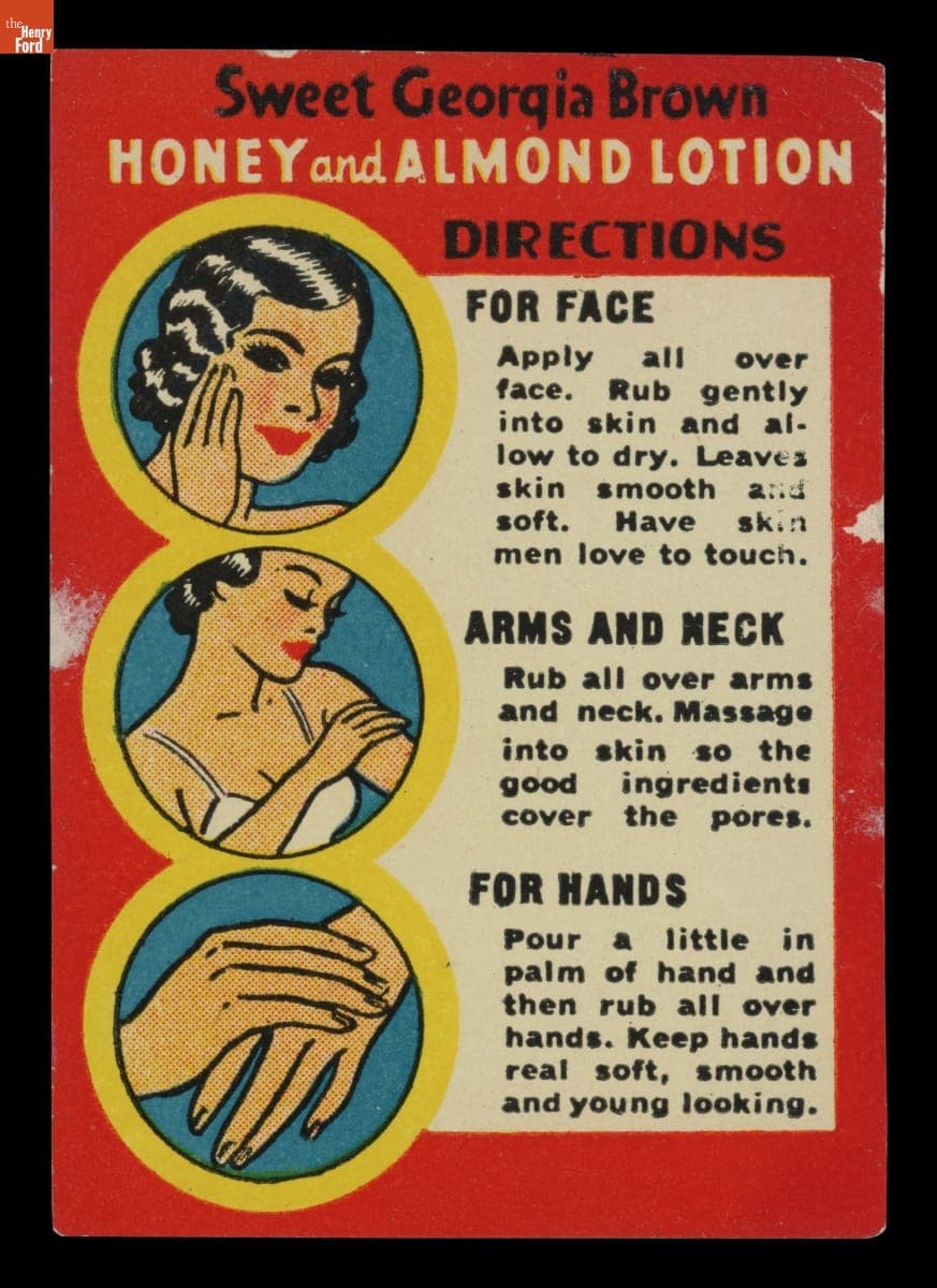 Product Label with Directions for Using Sweet Georgia Brown Honey and Almond Lotion, 1938