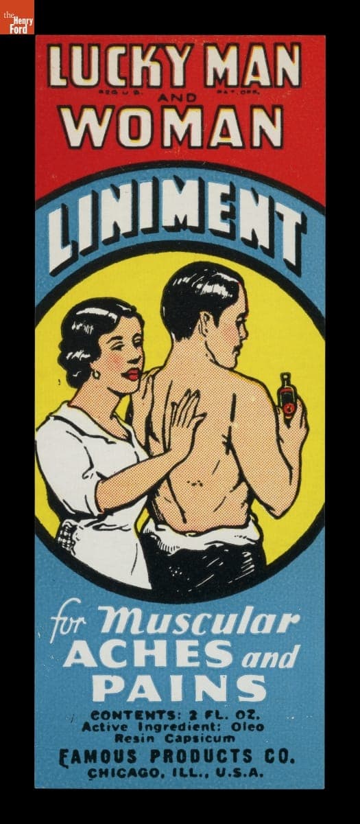 Product Label for Lucky Man and Woman Liniment for Muscular Aches and Pains, 1926-1946