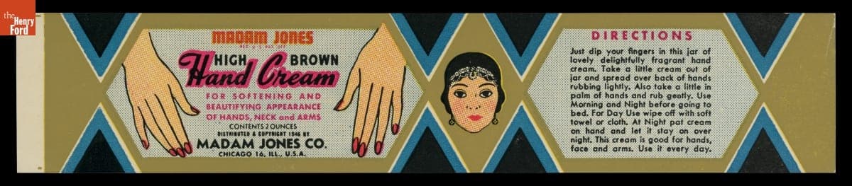 Product Label for Madam Jones High Brown Hand Cream, 1946