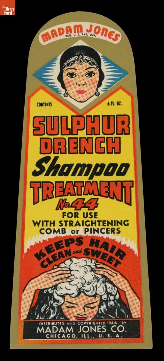 Product Label for Madam Jones Sulphur Drench Shampoo Treatment No. 44, 1946