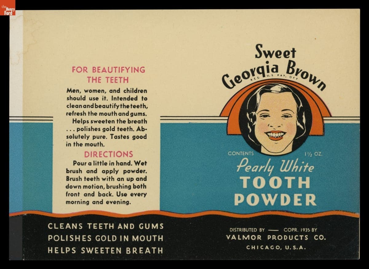 Product Label for Sweet Georgia Brown Pearly White Tooth Powder, 1935