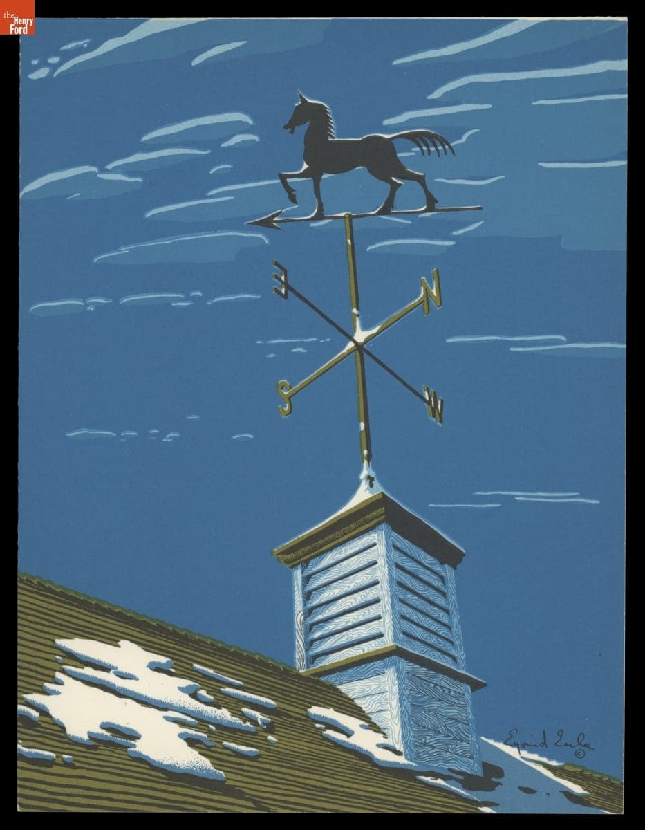 Christmas Card with a Horse Weathervane on a Snowy Roof, 1950