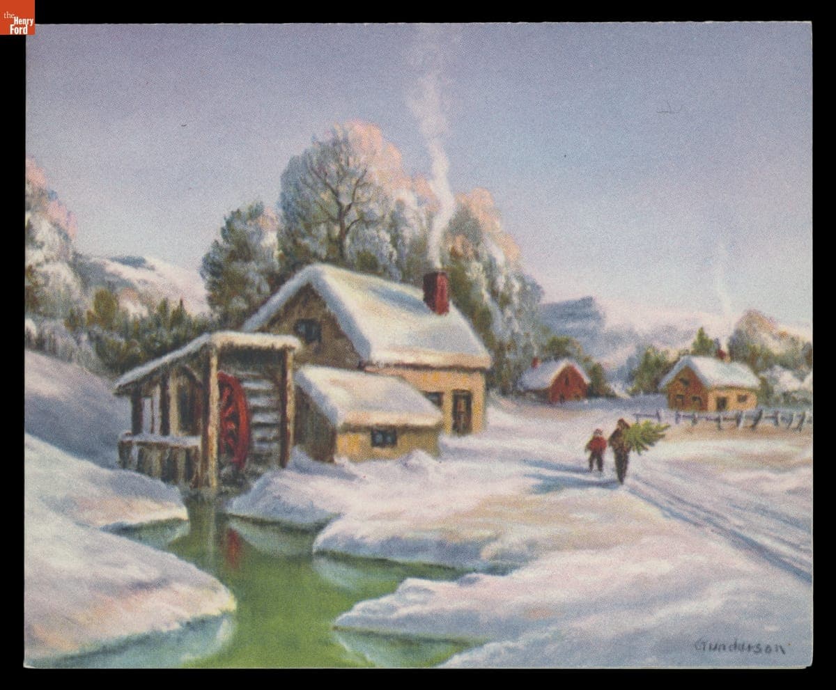 Christmas Card with a Father and Son Carrying an Evergreen Tree, 1950