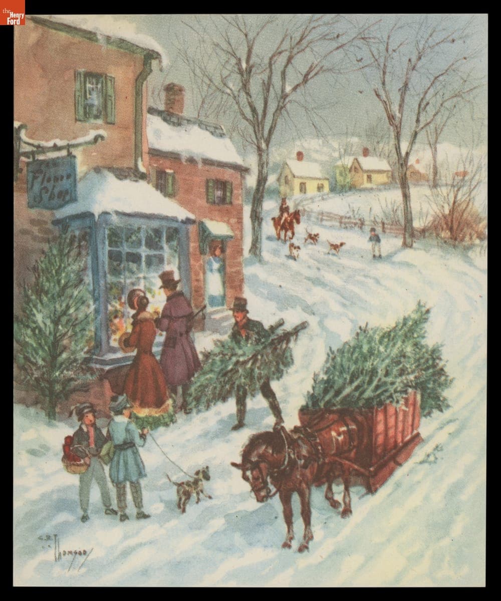 Christmas Trees and Window Shopping, Christmas Card, 1950
