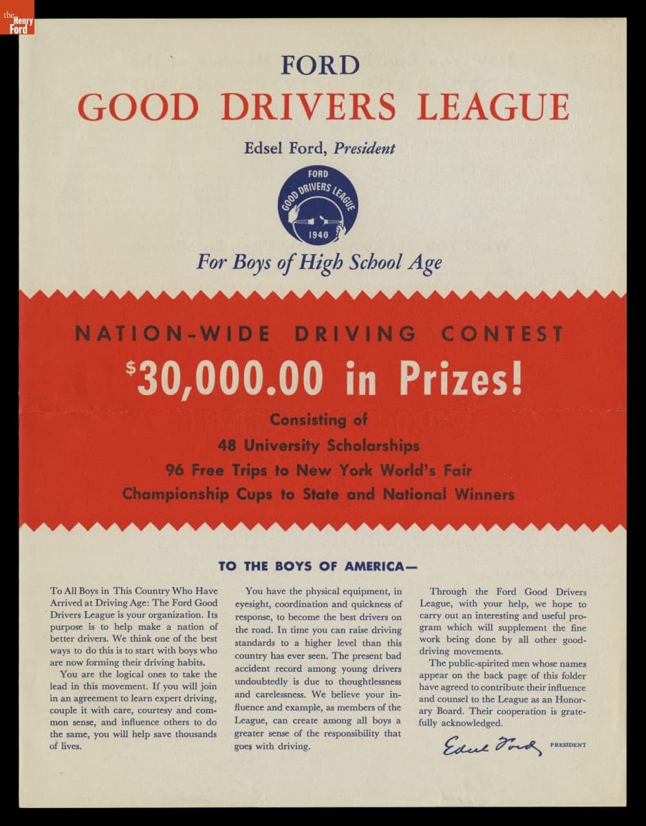 Ford Good Drivers League, "Nationwide Driving Contest, $30,000.00 in Prizes!," 1940