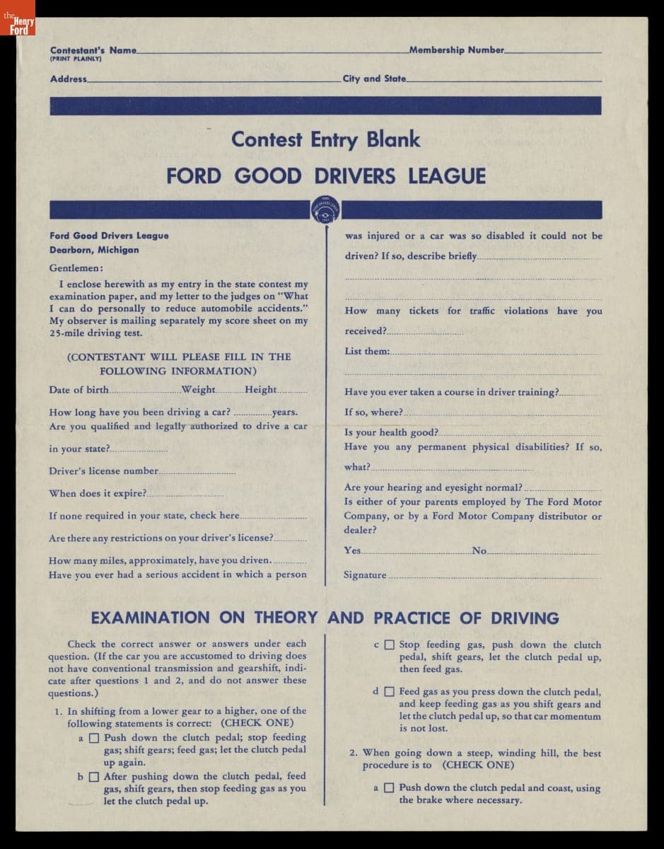 Ford Good Drivers League Contest Entry Blank, April 1940