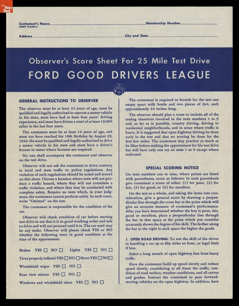 Ford Good Drivers League Observer's Score Sheet for 25 Mile Test Drive, April 1940