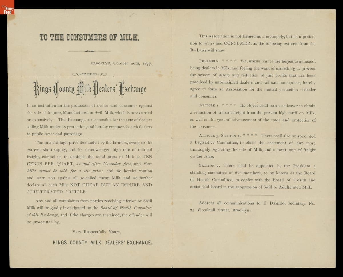 To the Consumers of Milk, October 2, 1877