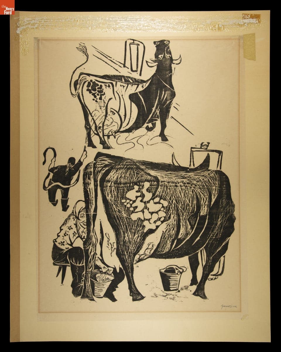 Linocut, "Milking the Cow," 1952