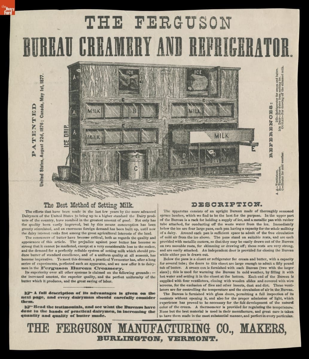 Reproduction of Advertisement for the The Ferguson Bureau Creamery and Refrigerator, circa 1881