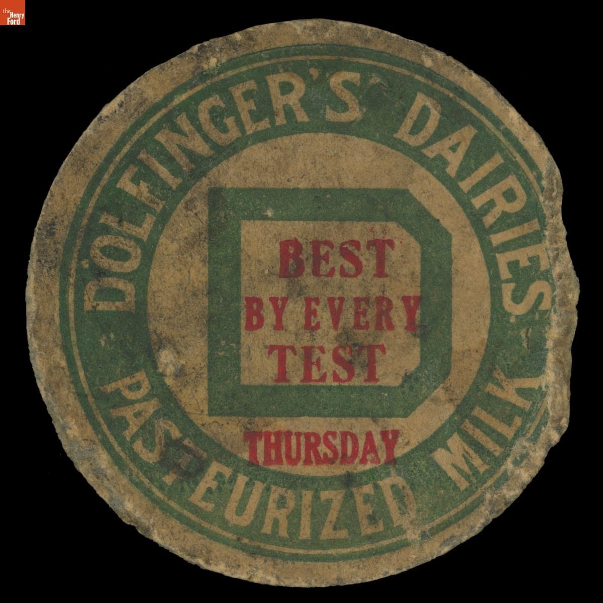Dolfinger's Dairies Pasteurized Milk Bottle Cap, "Best by Every Test," 1920-1927