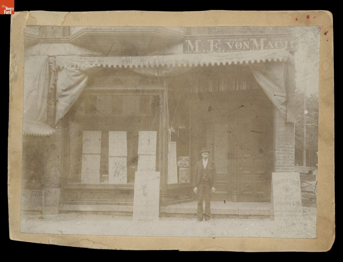Maximilian E. Von Mach outside His Shop on Michigan Avenue, Detroit, Michigan, 1886-1919