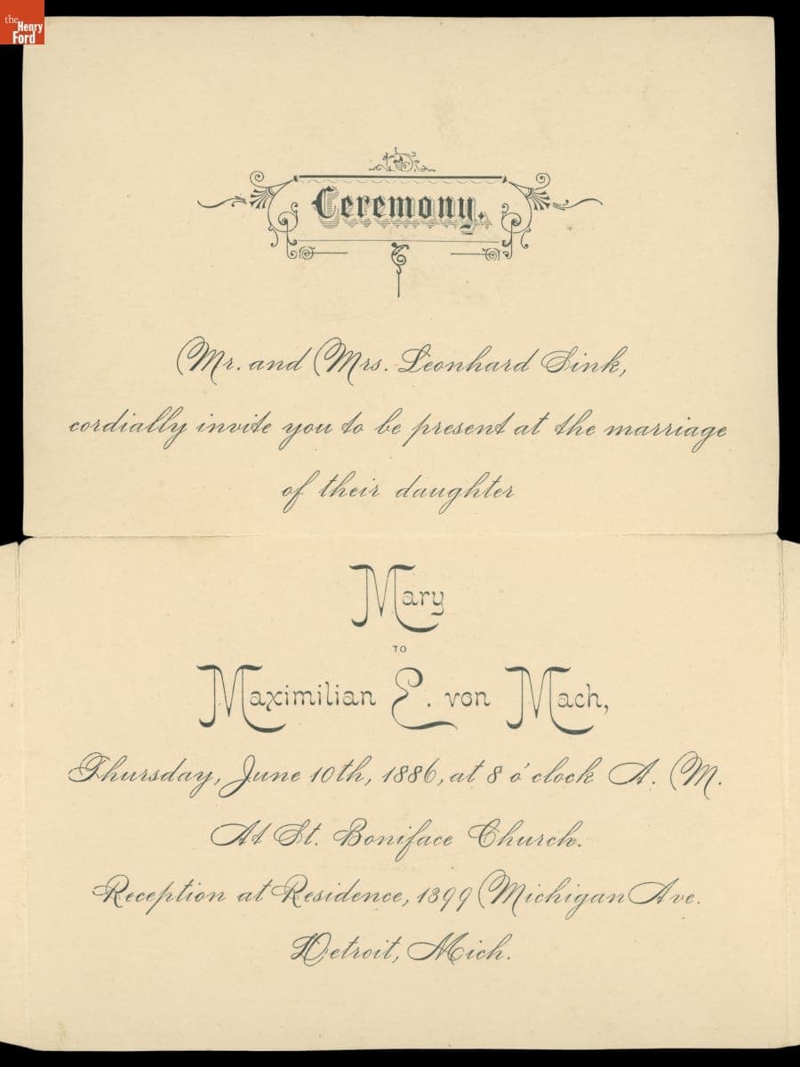 Wedding Invitation for Mary Sink and Maximilian Von Mach, June 10, 1886