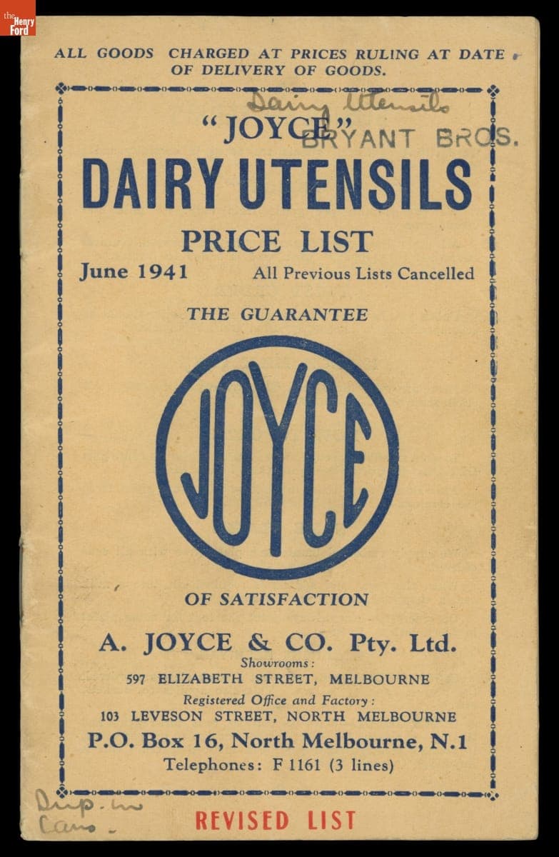 "Joyce" Dairy Utensils Price List, June 1941