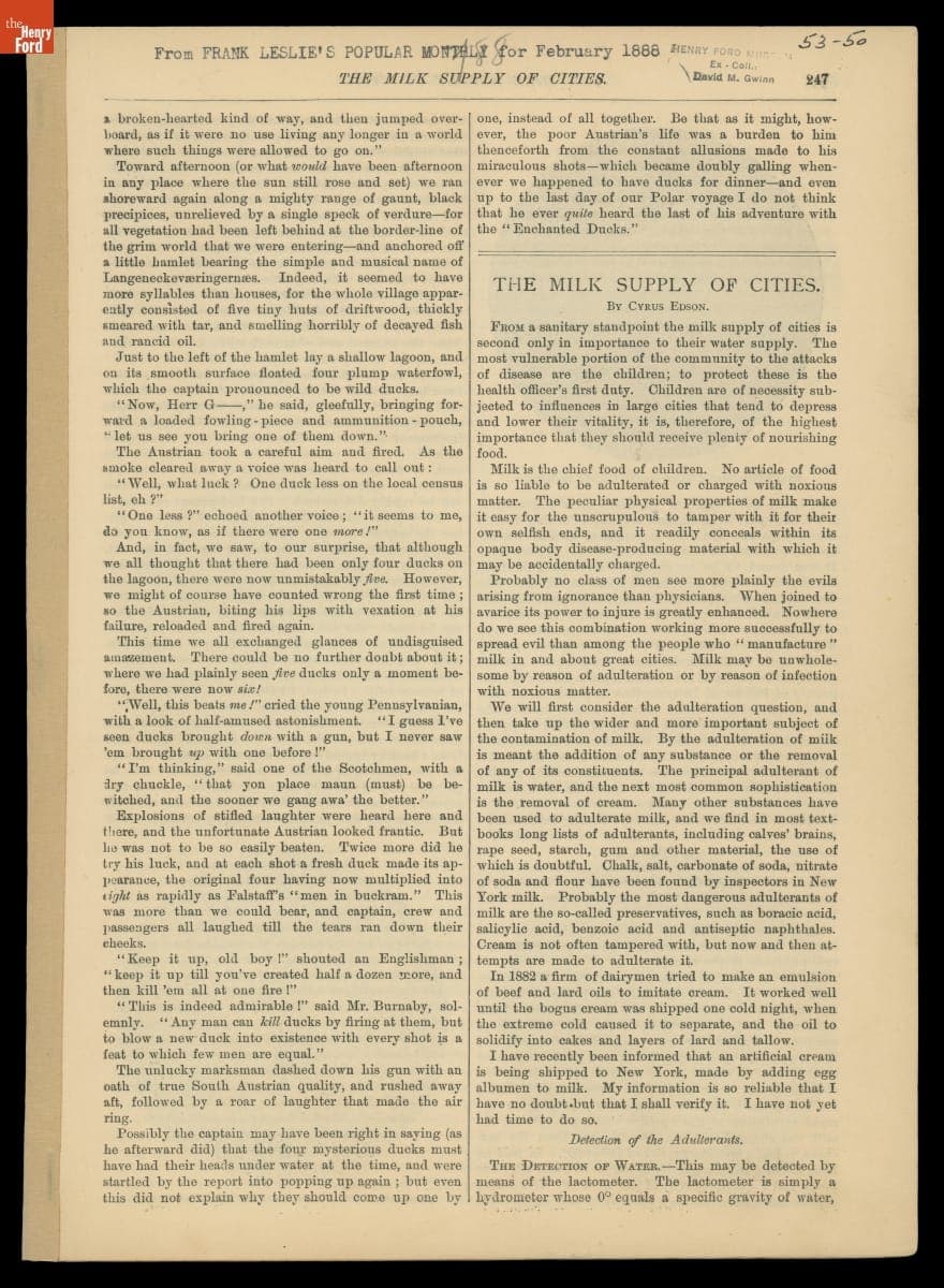"The Milk Supply of Cities," Article Reprinted from Frank Leslie's Popular Monthly, February 1888