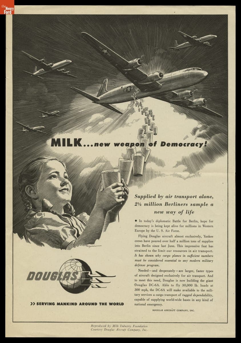 Reprint of a 1948-1949 Advertisement by Douglas Aircraft Company, "Milk...New Weapon of Democracy!"