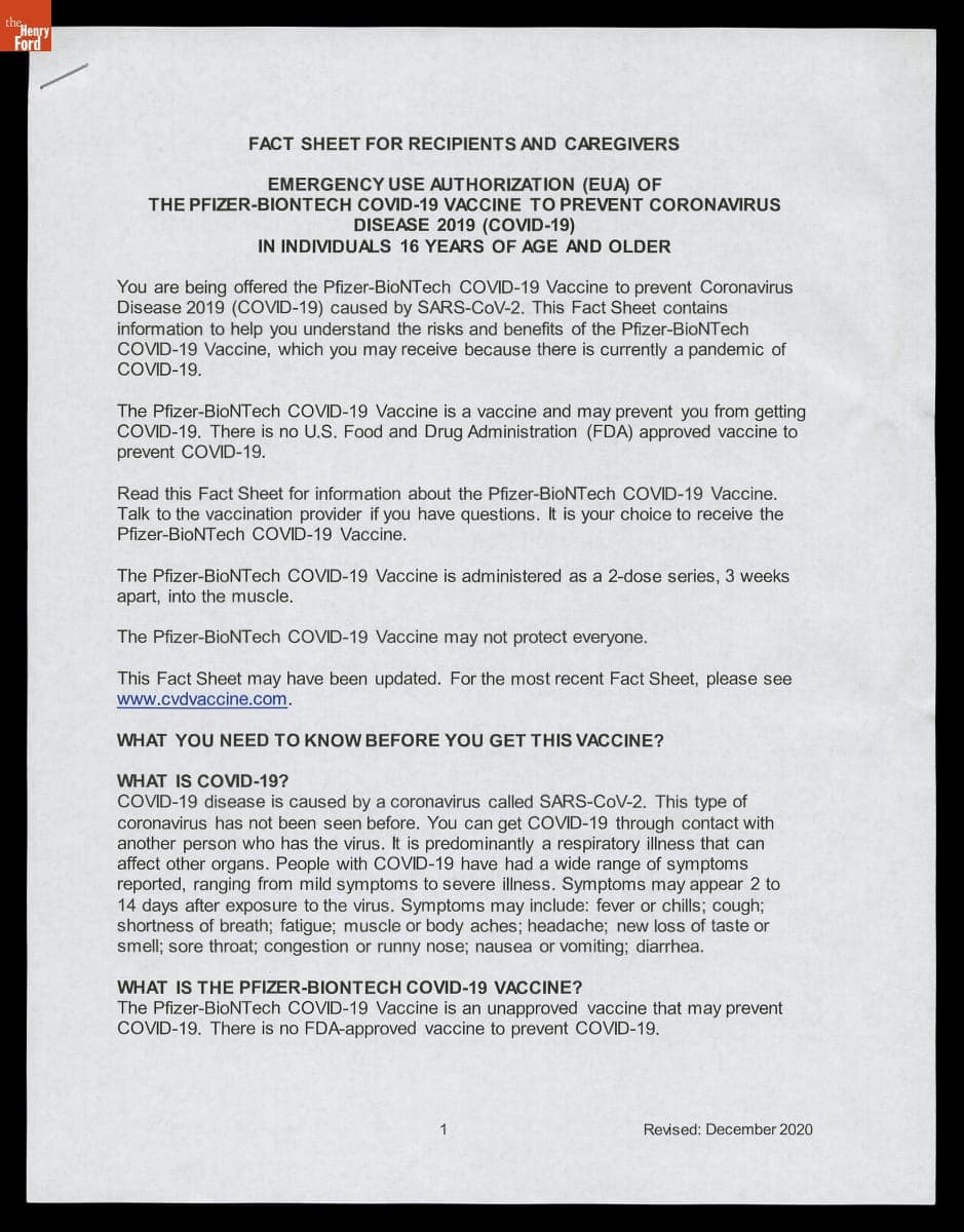 Fact Sheet for Emergency Use Authorization (EUA) of the Pfizer-Biontech COVID-19 Vaccine, December 2020