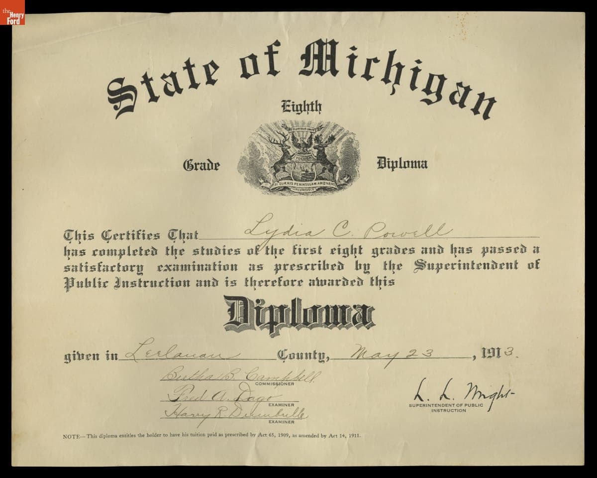 State of Michigan Eighth Grade Diploma Awarded to Lydia C. Powell, May 23, 1913