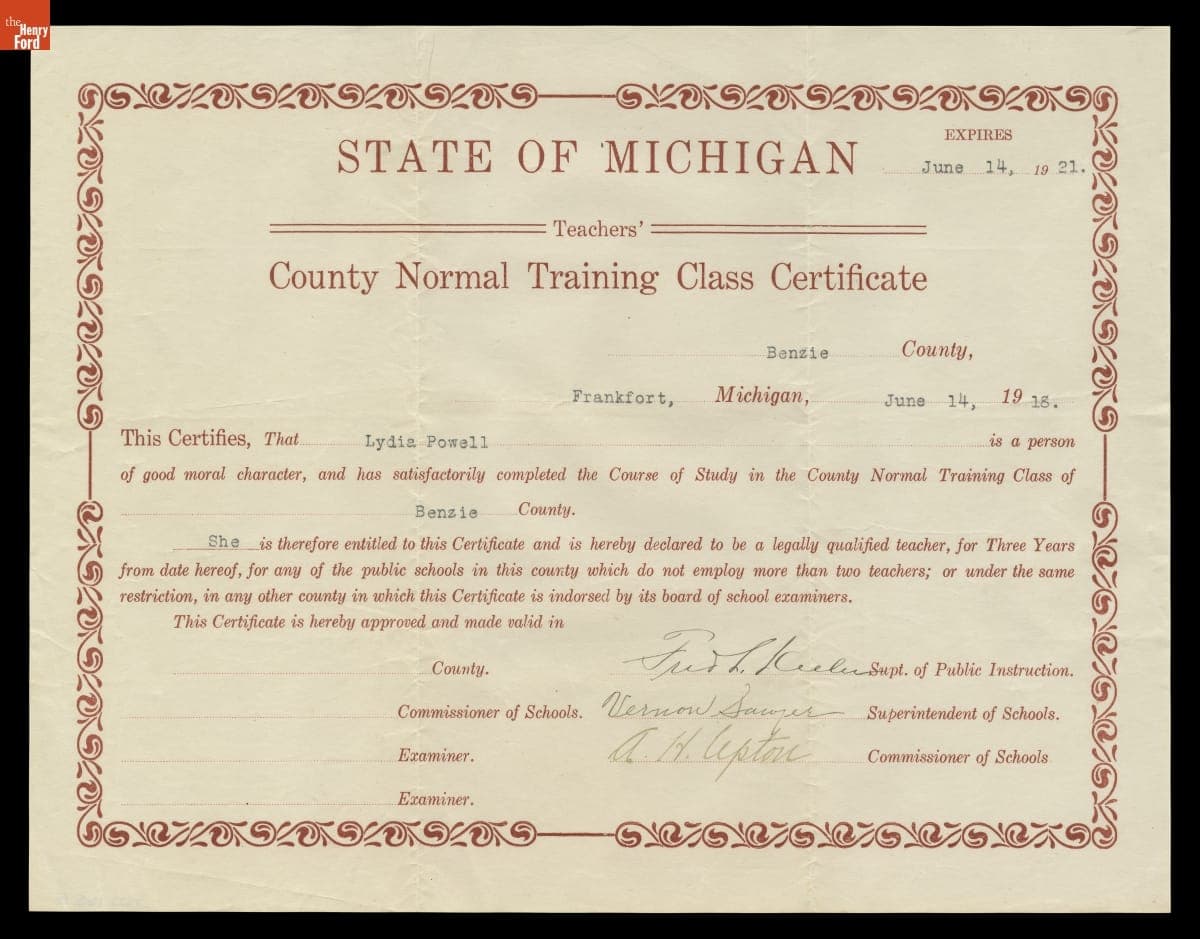 State of Michigan Teachers' County Normal Training Class Certificate Awarded to Lydia Powell, June 14, 1918