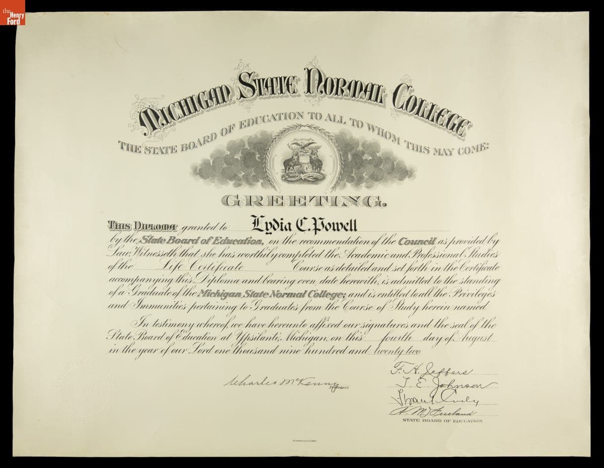 Michigan State Normal College Diploma Awarded to Lydia C. Powell, August 4, 1922