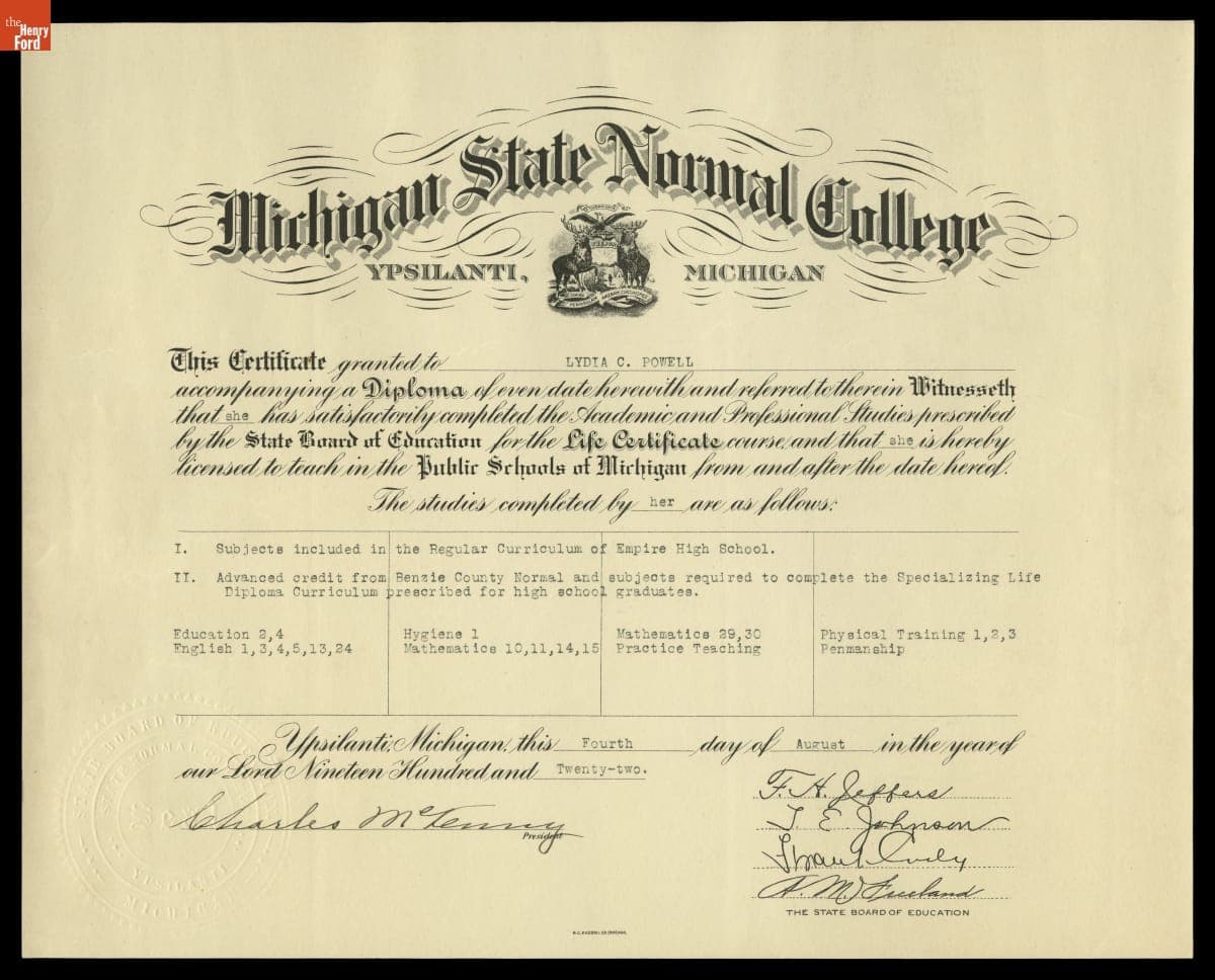 Michigan State Normal College Certificate Granted to Lydia C. Powell, August 4, 1922