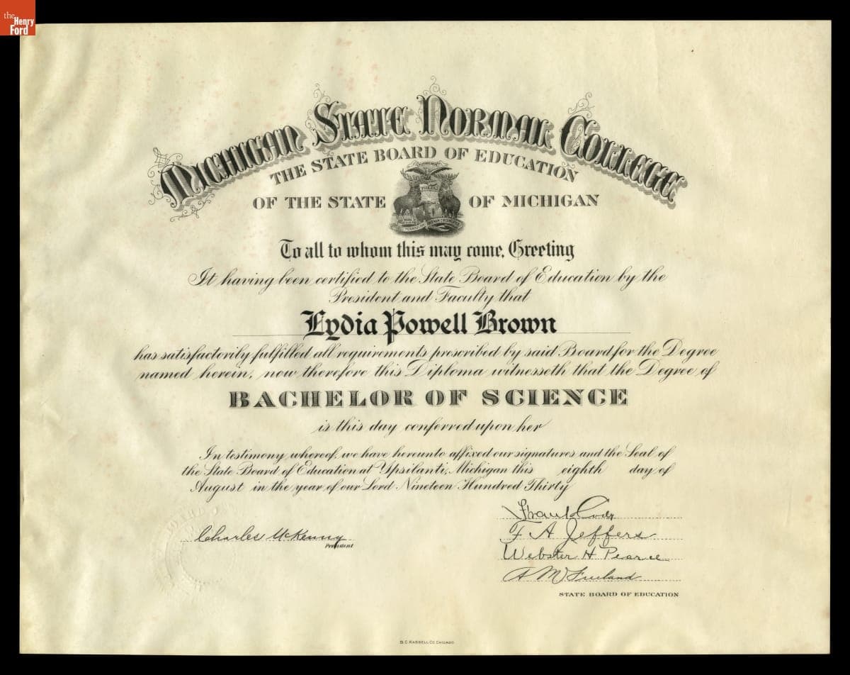 Michigan State Normal College Bachelor of Science Degree Awarded to Lydia Powell Brown, August 8, 1930