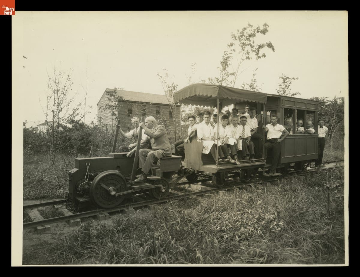 Francis Jehl Operating 1880 Edison Electric Locomotive in Greenfield Village, August 1930