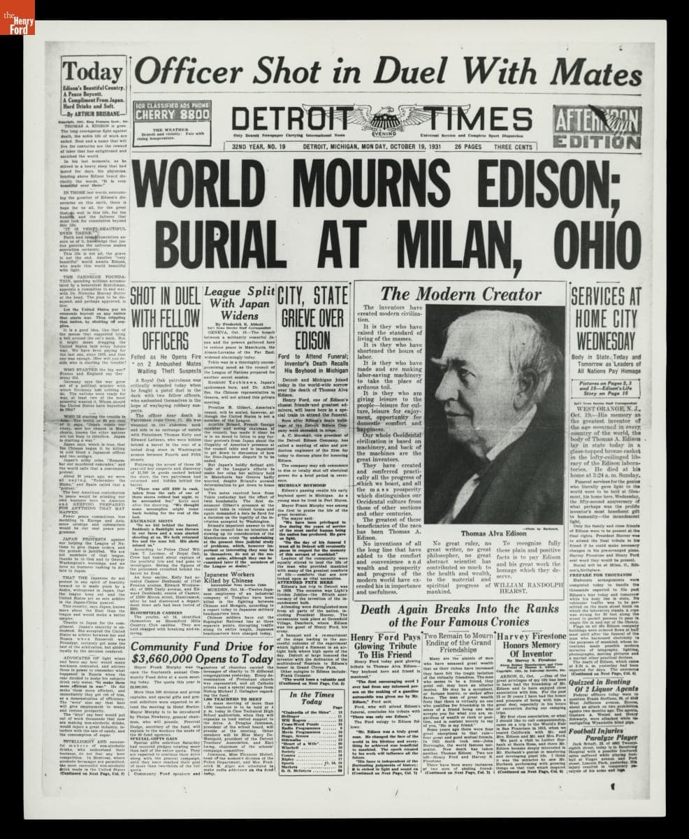 Front Page of Detroit Times Newspaper with Headline, "World Mourns Edison," October 19, 1931