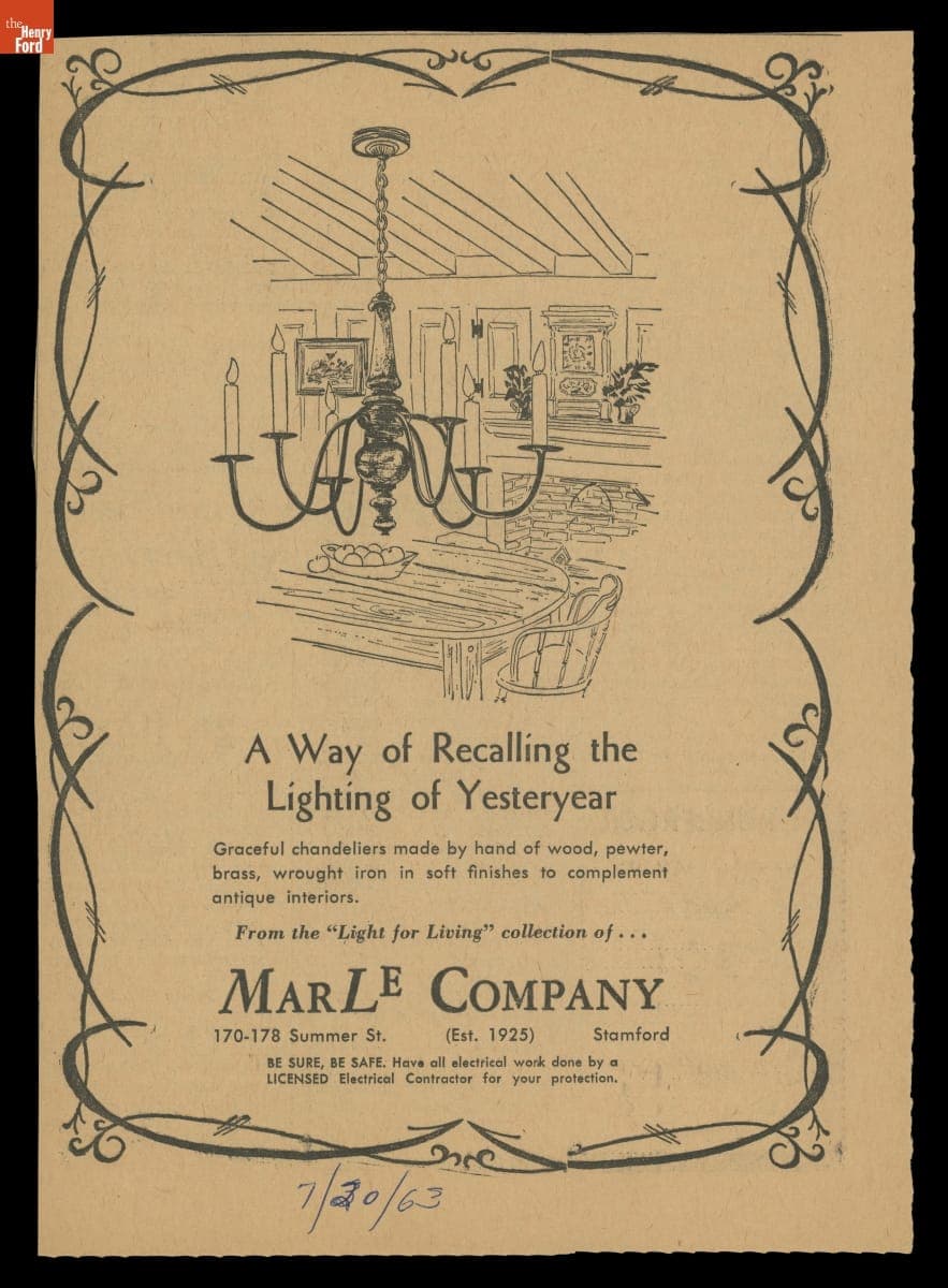 "A Way of Recalling the Lighting of Yesteryear," Marle Company Advertisement, July 1963