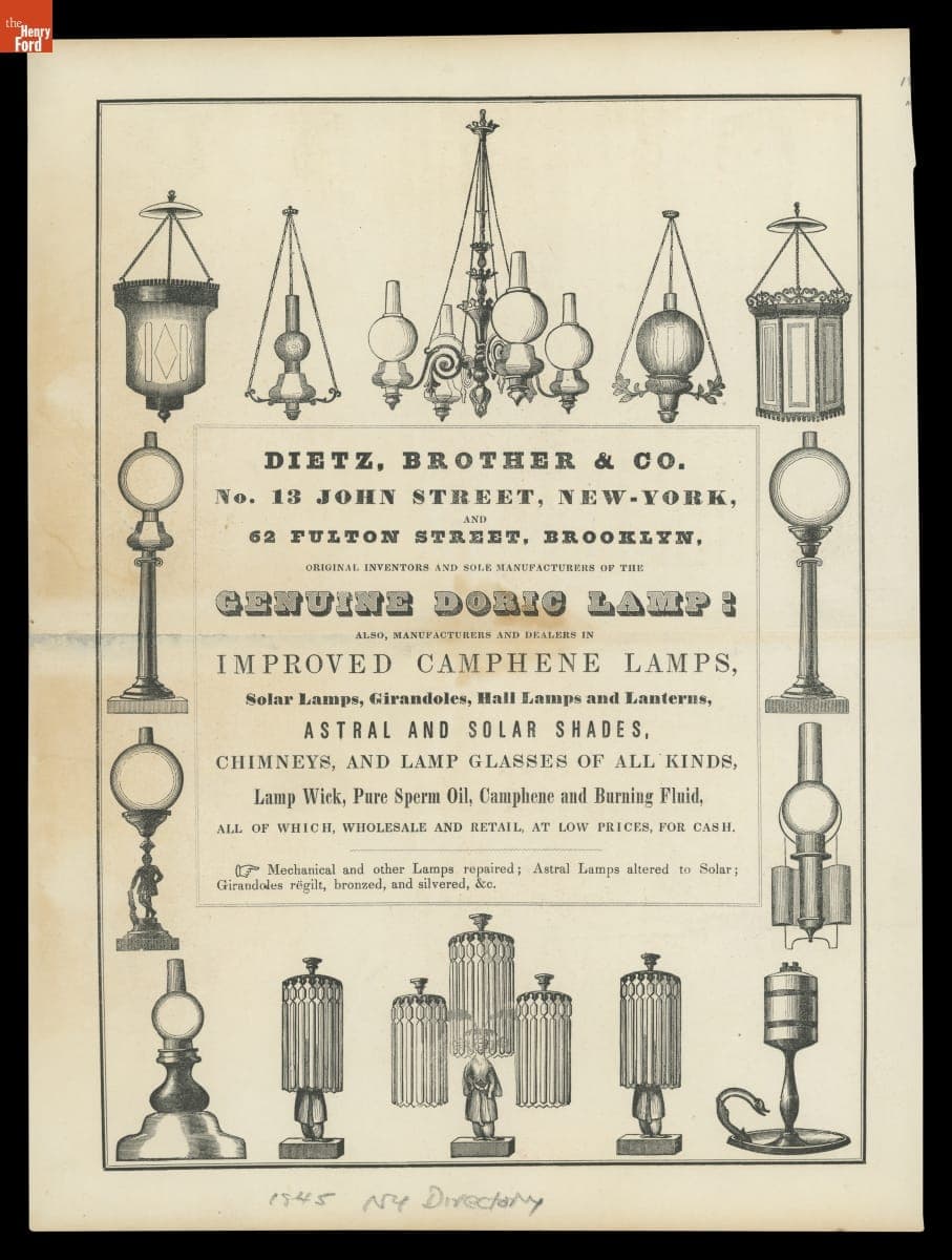 Advertisement for Dietz, Brother & Co. Genuine Doric Lamp, 1845